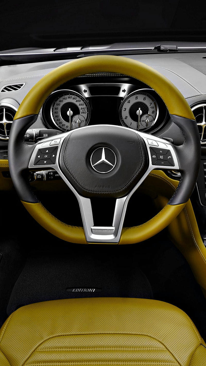 Mercedes dashboard, benz, germany, interior, steering, yellow, HD phone wallpaper