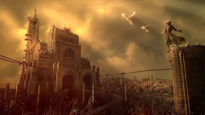 Fantasy, City, Steampunk, HD wallpaper