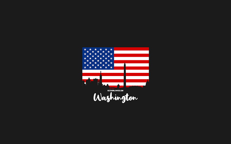 Washington, American cities, Washington silhouette skyline, USA flag, Washington cityscape, American flag, USA, Washington skyline, HD wallpaper