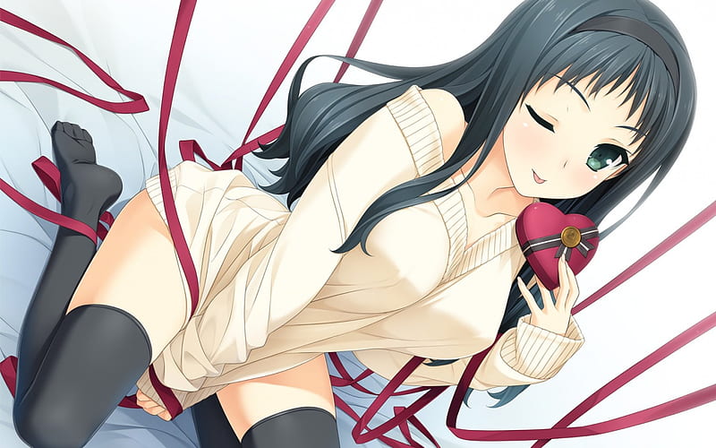 Valentine ♡, red, pretty, lentine, cg, bonito, adorable, sublime, sweet, nice, anime, happy valentine, hot, beauty, anime girl, long hair, black hair, shirt, female, lovely, ribbon, sexy, cute, kawaii, girl, wink, white, angelic, HD wallpaper