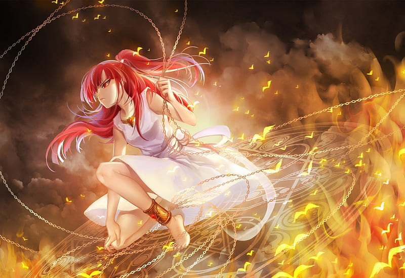 Morgiana, dress, glow, Magi The Labyrinth of Magic, redhead, sparks, bonito, angry, anime, hot, beauty, anime girl, weapon, long hair, magfic, light, chain, female, gown, mad, red hair, sexy, cute, warrior, girl, magical, sinister, HD wallpaper