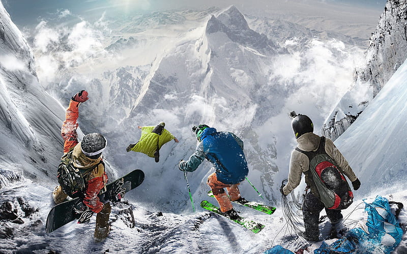 winter extreme sports, winter, mountains, snowboarding, skiing, extreme sports, parachuting, HD wallpaper