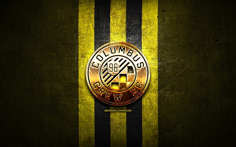 Columbus Crew, golden logo, MLS, yellow metal background, american soccer club, Columbus Crew FC, United Soccer League, Columbus Crew logo, soccer, USA, HD wallpaper