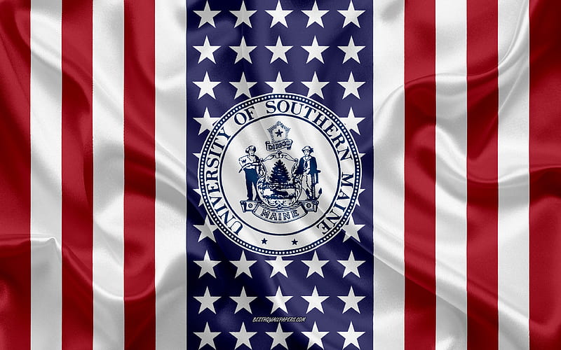 University of Southern Maine Emblem, American Flag, University of Southern Maine logo, Gorham, Portland, Maine, USA, University of Southern Maine, HD wallpaper