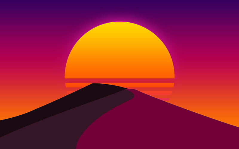 sunset, purple mountains, creative, sun, abstract landscapes, minimal, sunset in mountains, HD wallpaper