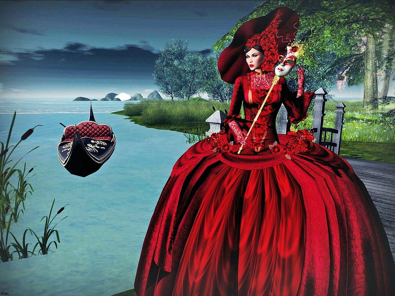 Venetian Carnival Girl, art, dress, boat, digital, mask, woman, gondola, lake, HD wallpaper