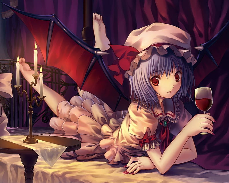Red Wine, dress, glasses, wing, remilia scarlet, anime, touhou, hot, anime girl, light, candle, female, wings, red eyed, purple hair wine, sexy, short hair, cute, girl, HD wallpaper