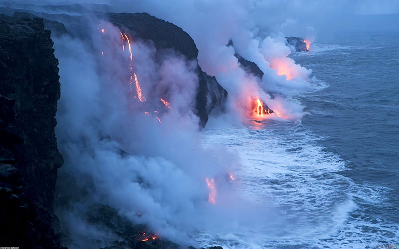 Flowing lava, rock, Hawaii, ocean, lava, volcano, sea, water, nature, white, blue, HD wallpaper