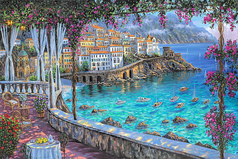 Amalfi Coast, veranda, table, houses, artwork, sea, painting, village, chair, italy, HD wallpaper