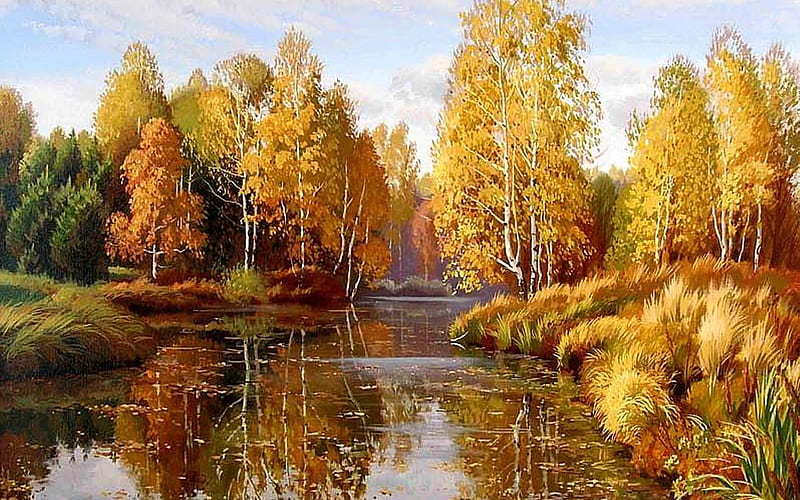 River in Autumn, painting, river, autumn, trees, HD wallpaper | Peakpx