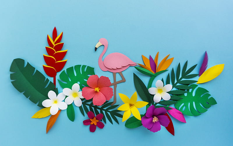 :-), summer, flower, flamingo, paper, pink, blue, leaf, colorful, vara, texture, HD wallpaper