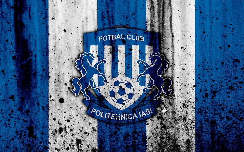 FC Politehnica Iasi logo, geometric art, blue background, Romanian