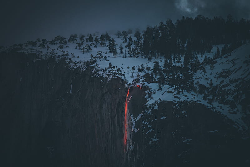 lava, volcano, cliff, fog, snow, winter, HD wallpaper
