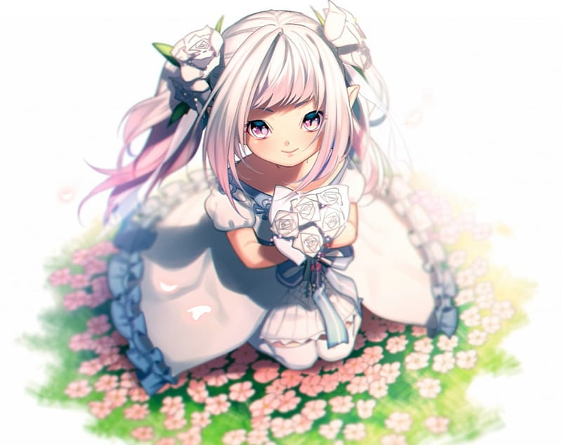 Little Sweet Girl, pretty, dress, grass, white hair, bonito, anime, flowers...