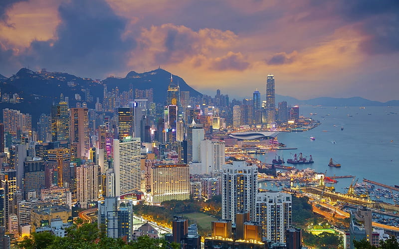Victoria Harbour, Hong Kong, skyscrapers, city lights, city panorama, Victoria Peak, China, HD wallpaper