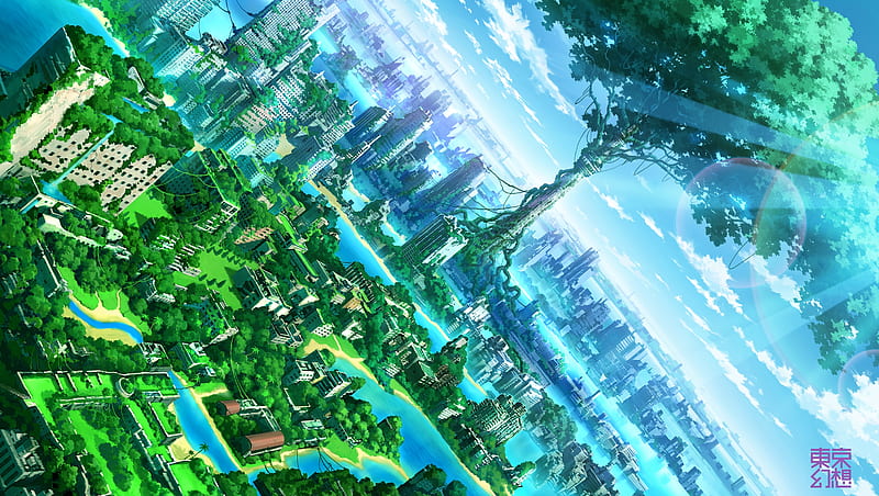 cityscape, anime apocalypse, giant tree, ruins, Anime, HD wallpaper