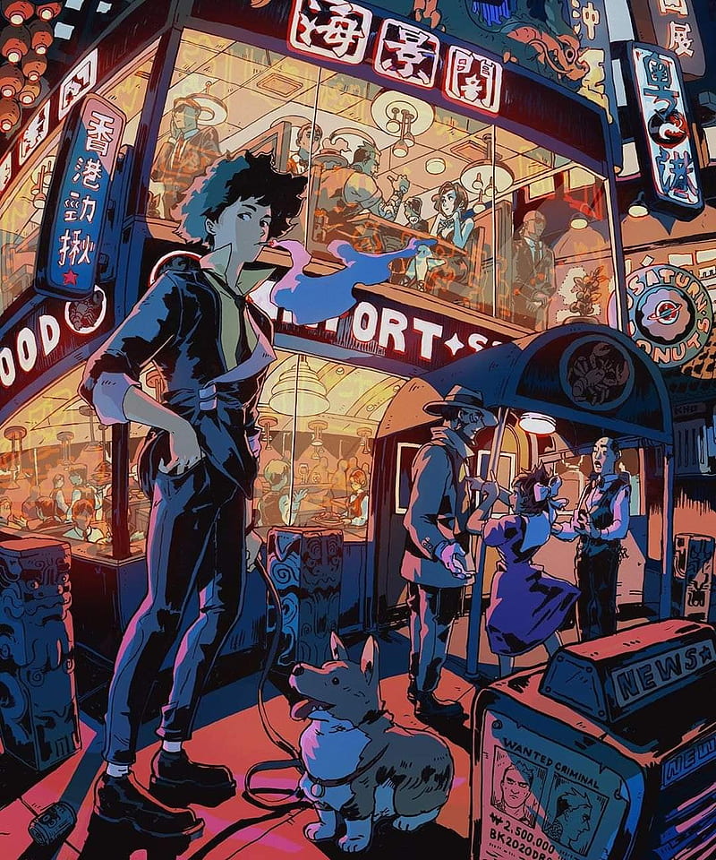 Cowboy Bebop, boy, dog, girl, night, restaurant, smoke, HD phone wallpaper