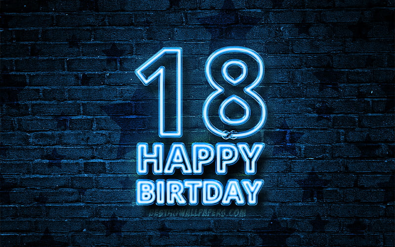 Happy 18 Years Birtay blue neon text, 18th Birtay Party, blue brickwall, Happy 18th birtay, Birtay concept, Birtay Party, 18th Birtay, HD wallpaper