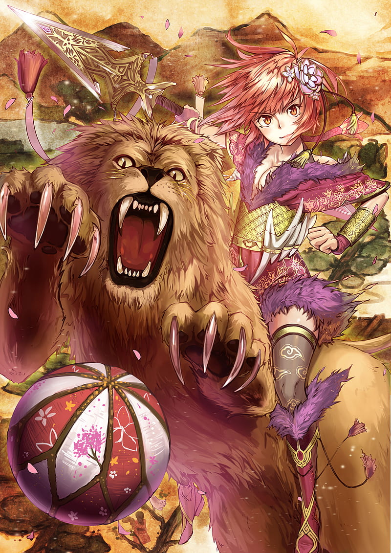 girl, glance, lion, grin, anime, art, HD phone wallpaper