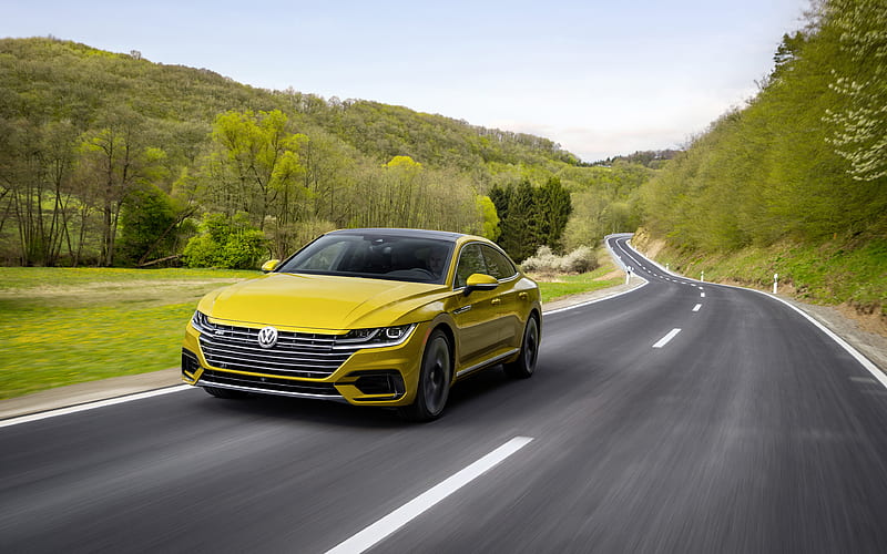Volkswagen Arteon R-Line road, 2019 cars, motion blur, golden Arteon, VW Arteon, Volkswagen, HD wallpaper