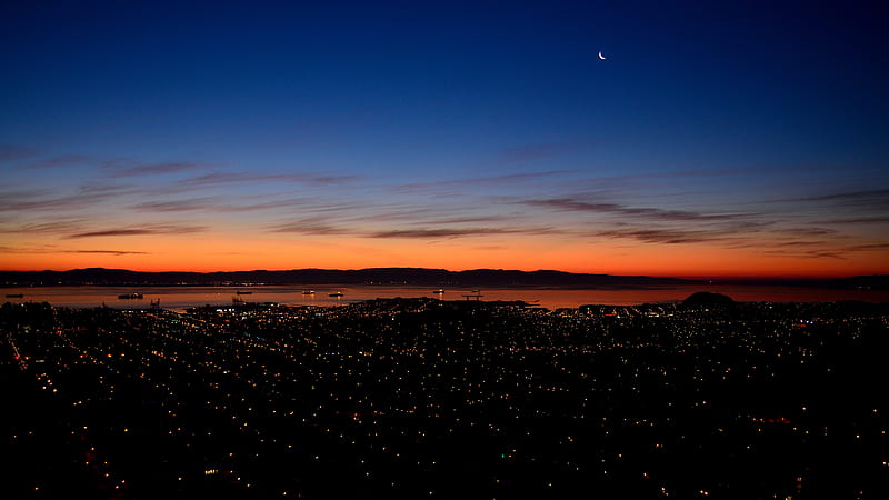 night city, night, moon, lights, HD wallpaper