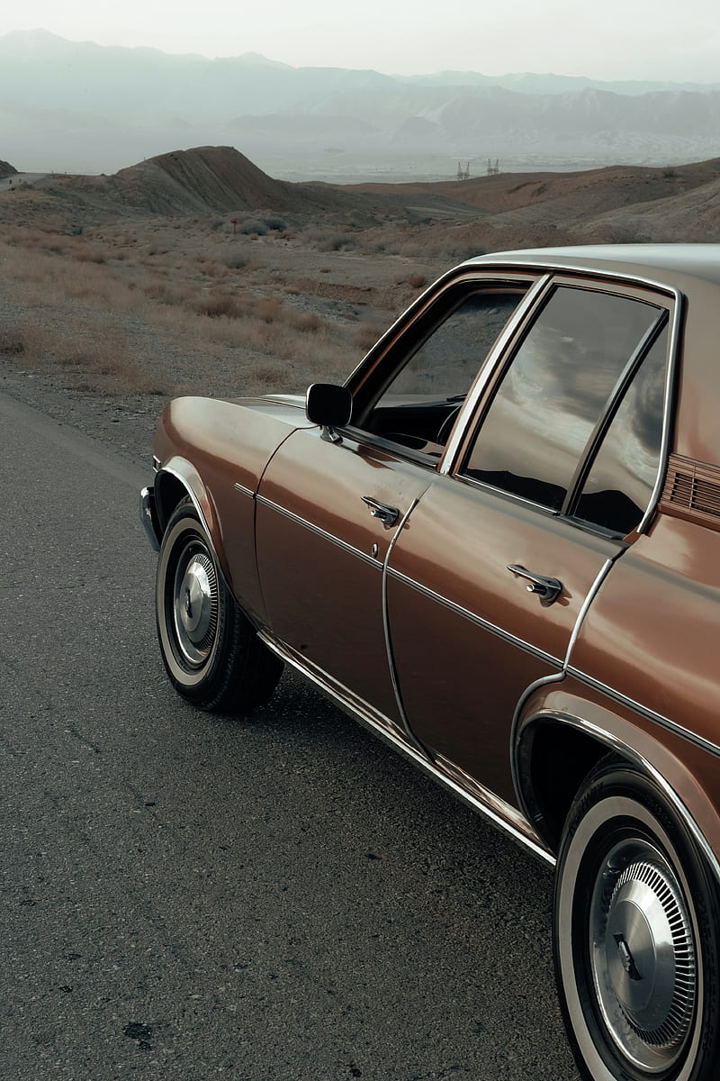 car, brown, retro, road, mountains, HD phone wallpaper