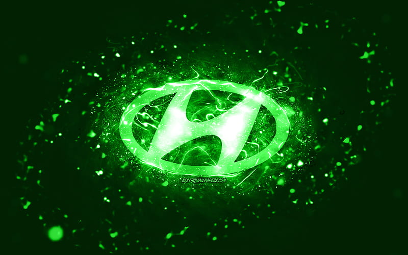 Hyundai green logo, , green neon lights, creative, green abstract background, Hyundai logo, cars brands, Hyundai, HD wallpaper