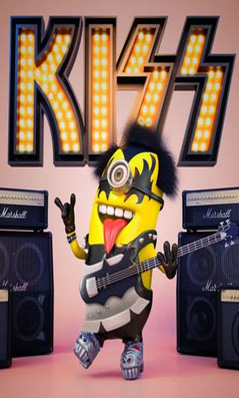 Kiss Minion, band, funny, guitar, metal, music, rock, singer, HD phone wallpaper