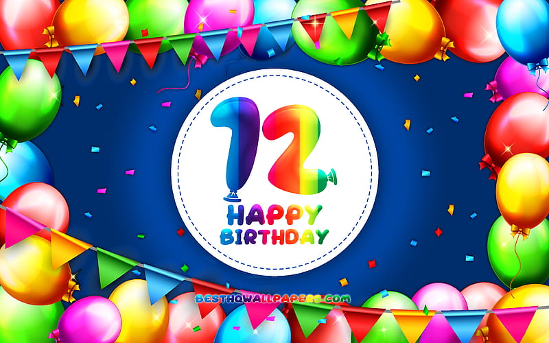 Happy 12th birtay colorful balloon frame, Birtay Party, purple background, Happy 12 Years Birtay, creative, 12th Birtay, Birtay concept, 12th Birtay Party, HD wallpaper