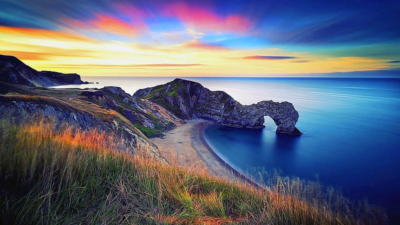Durdle Door, Jurassic Coast - Dorset, England, dorset, england, durdle, nature, sky, clouds, coast, sea, meadow, HD wallpaper