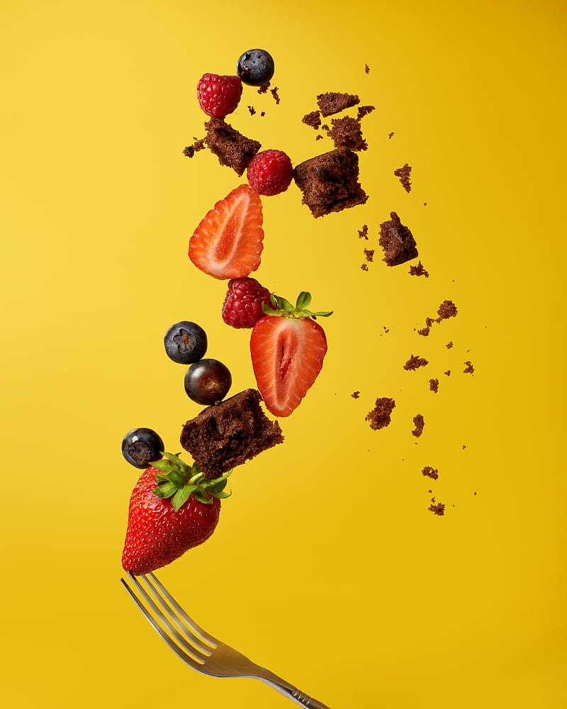 strawberries, blueberries, raspberries, berries, pie, fork, HD phone wallpaper
