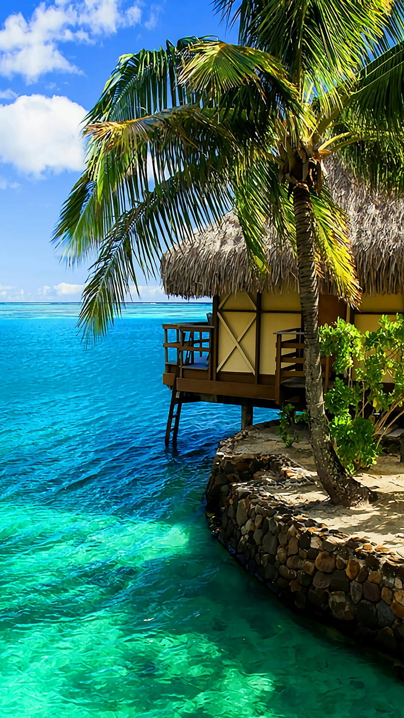 Sea, beach, bonito, blue, house, landscape, nature, paradise, HD phone wallpaper