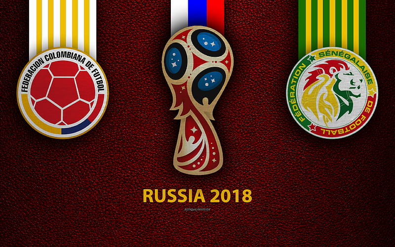 Colombia vs Senegal Group H, football, logos, 2018 FIFA World Cup, Russia 2018, burgundy leather texture, Russia 2018 logo, cup, Colombia, Senegal, national teams, football match, HD wallpaper