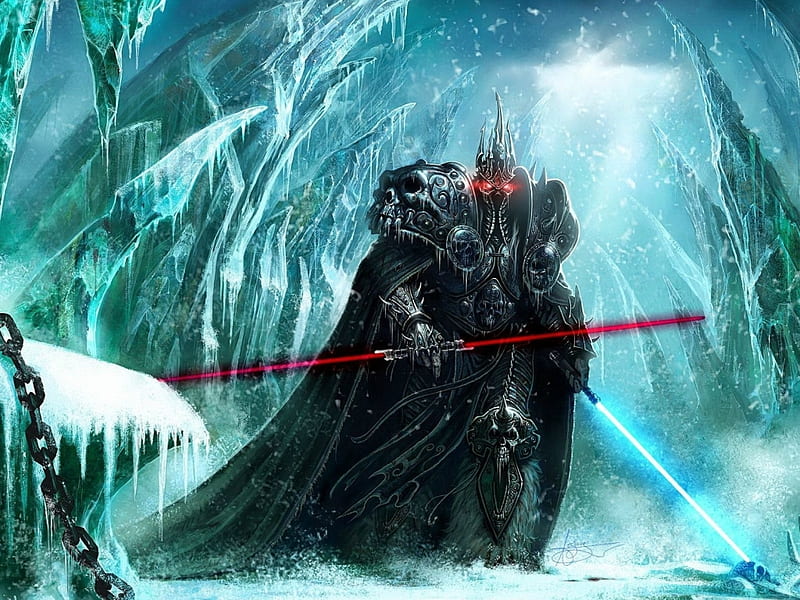 jedi sith, snow, cloak, chains, skull, light sabres, red eyes, HD wallpaper