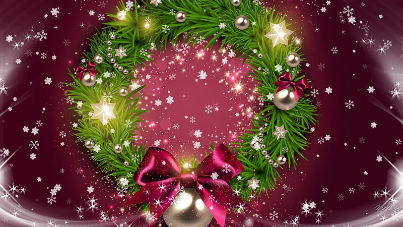 Bright Wreath, stars, Christmas, wreath, wine, ribbon, lights, merlot, snow, snowflakes, decorations, bright, fir, spruce, HD wallpaper