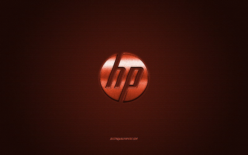 HP logo, bronze shiny logo, HP metal emblem, Hewlett-Packard, for HP devices, bronze carbon fiber texture, HP, brands, creative art, HD wallpaper