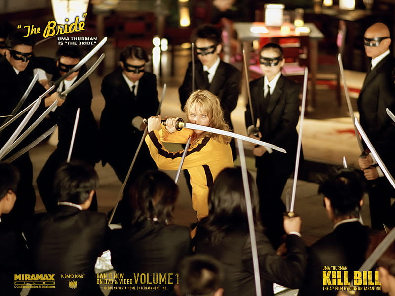kill bill, black stripe, masks, swords, suits, men, yellow tracksuit, uma thurman, crazy 88, HD wallpaper