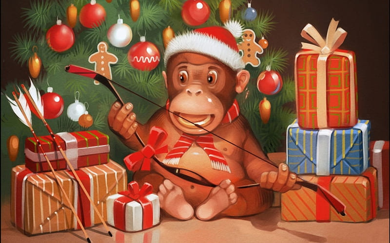 Merry Christmas and a Happy New Year!, red, orange, zodiac, arrow, animal, monkey, fantasy, green, archer, art, 2016, craciun, christmas, new year, gift, hat, tree, santa, chinese, HD wallpaper