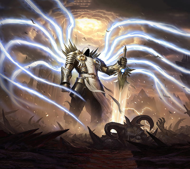 Archangel Tyrael, angel, awesome, badass, cool, death, sword, wings, HD wallpaper