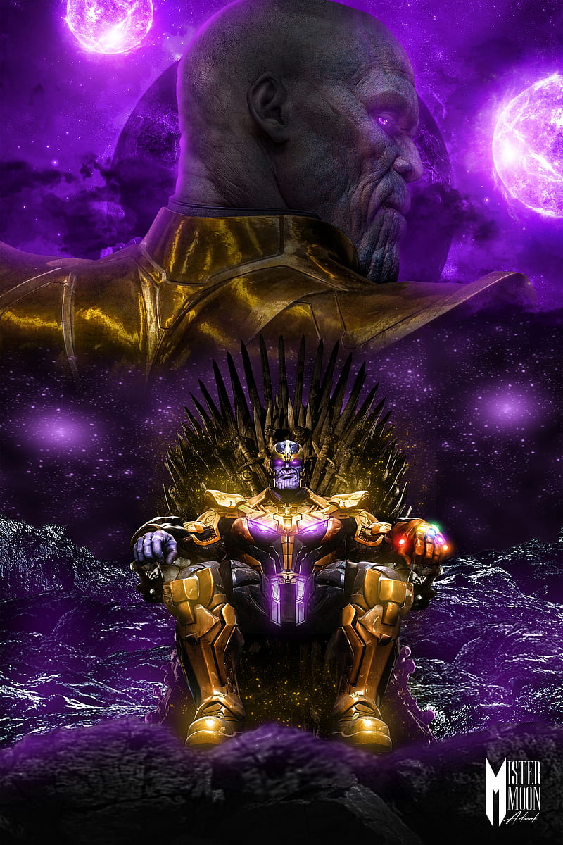 Mad Titan is King, gauntlet, gold, infinity, marvel, purple, space, thanos, HD phone wallpaper