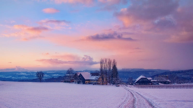 fantastic farm in winter, farm, fields, clouds, tracks, winter, HD wallpaper