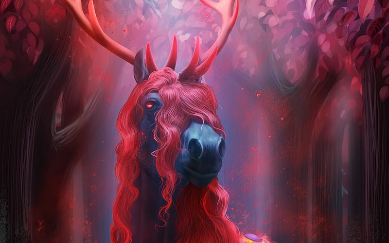 Fantasy horse, fantasy, luminos, guardian, anastasia metlyaeva, horse, creature, red, frumusete, horns, cal, HD wallpaper