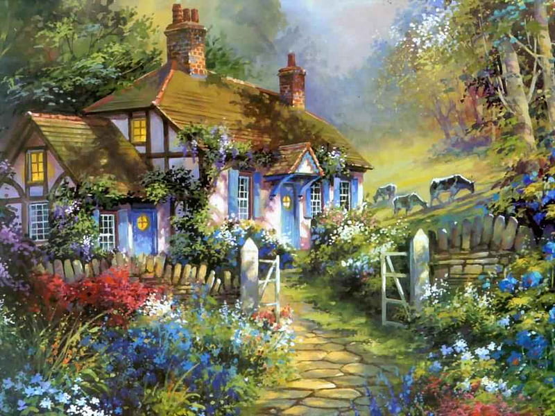 GARDENS, garden, thomas, kinkade, cottage, HD wallpaper | Peakpx