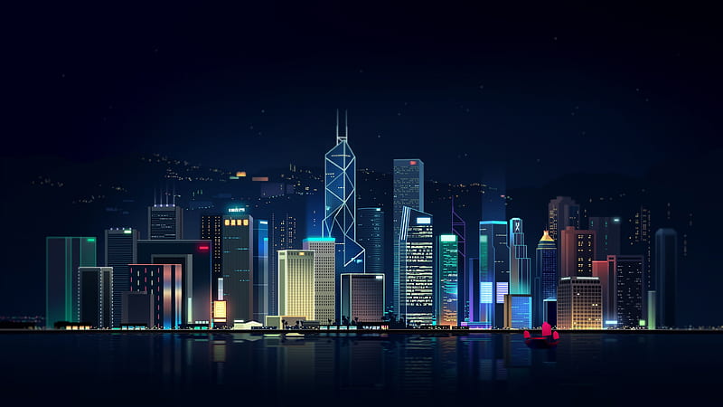 hong kong, skyline, minimal art, skyscrapers, HD wallpaper