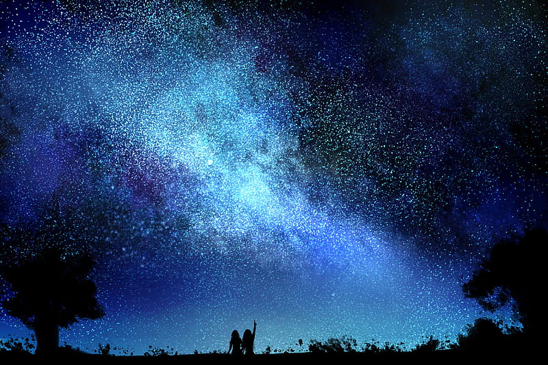 starry sky, night, silhouettes, dark, art, HD wallpaper