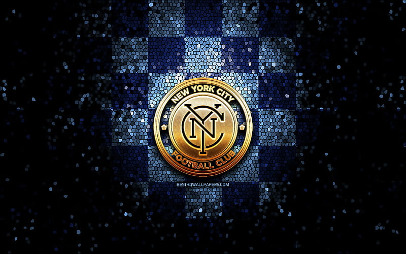 New York City FC, glitter logo, MLS, blue checkered background, USA, american soccer team, FC New York City, Major League Soccer, FC New York City logo, mosaic art, soccer, football, America, HD wallpaper