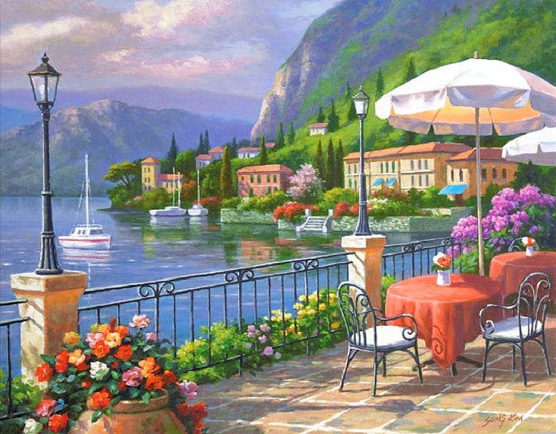 Sunday Brunch, lakes, restaurants, Italy, love four seasons, places, Lake Como, spring, attractions in dreams, terrace, boats, paintings, summer, flowers, nature, HD wallpaper