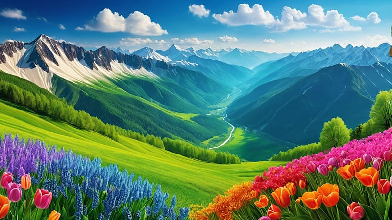 Mountainous spring view, szines viragok, kilatas, uj, folyo, hegyek, egbolt, hegyvideki, fak, tavasz, termeszet, zold novenyzet, HD wallpaper
