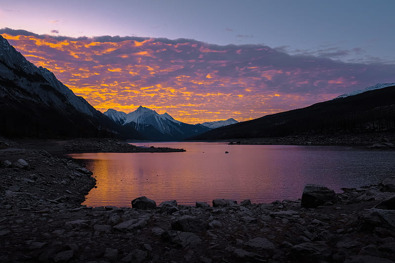 mountains, lake, sunset, stones, clouds, HD wallpaper