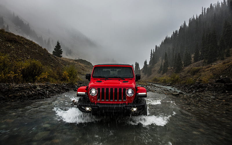 2018, Jeep Wrangler Rubicon, front view, SUV, new red Wrangler Rubicon, off-road, riding on a mountain river, USA, mountains, Jeep, HD wallpaper